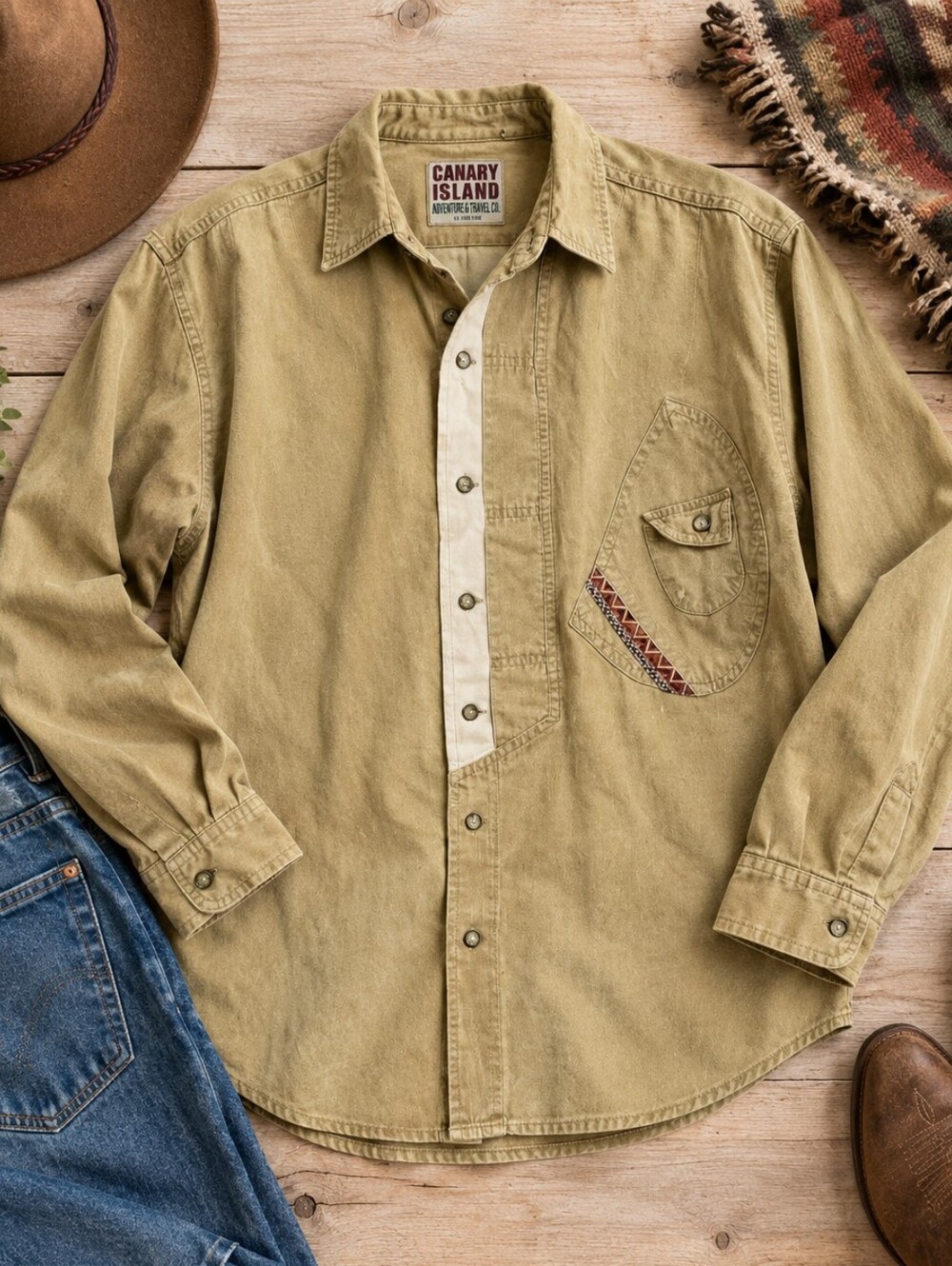 Vintage 90s Canary Island Adventure Travel Co. Safari Shirt Southwestern Pocket
